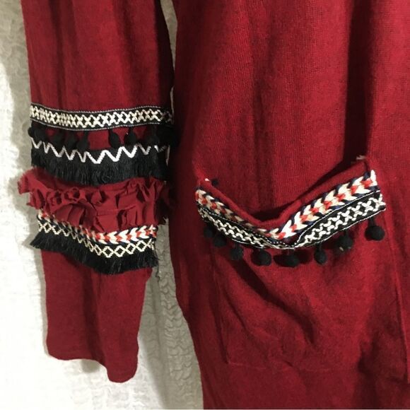Hipster Row Burgandy Pom Pom Fringe  Cardigan Size XL - Picture 4 of 6